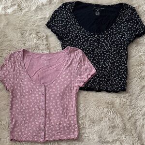 American Eagle Outfitters Pink and Black Floral Crop Tops